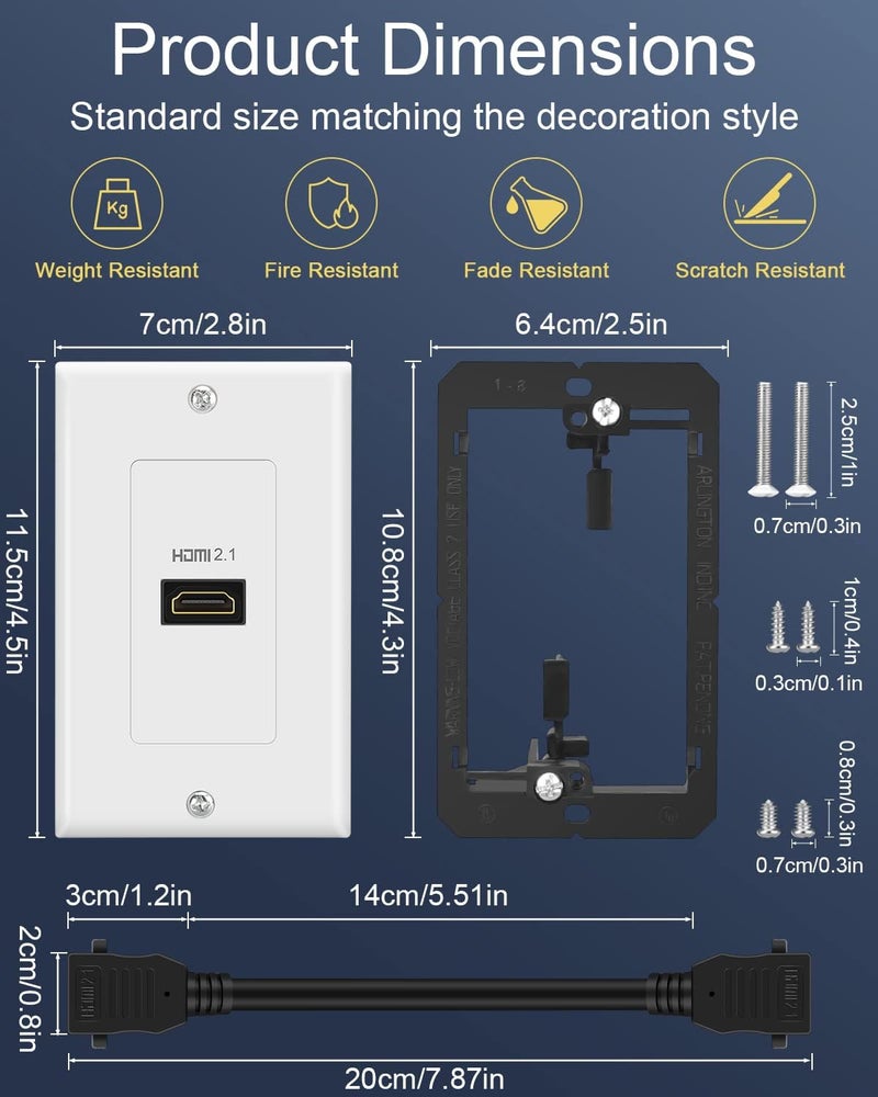 ELECTOP HDMI 2.1 Wall Plate, 8K HDMI Wall Outlet Pass Through with Low Voltage Metal Mounting Bracket, Supports 8K@60Hz and 4K@120Hz, 3D, HDR, 48 Gbps HDMI Box, Fits Home Theater Systems - Image 5